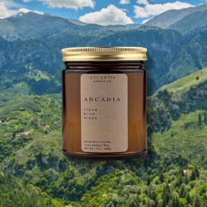 Arcadia Scented Candle | Clove, Pine, Embers & Moss | Wood Wick | Amber Jar