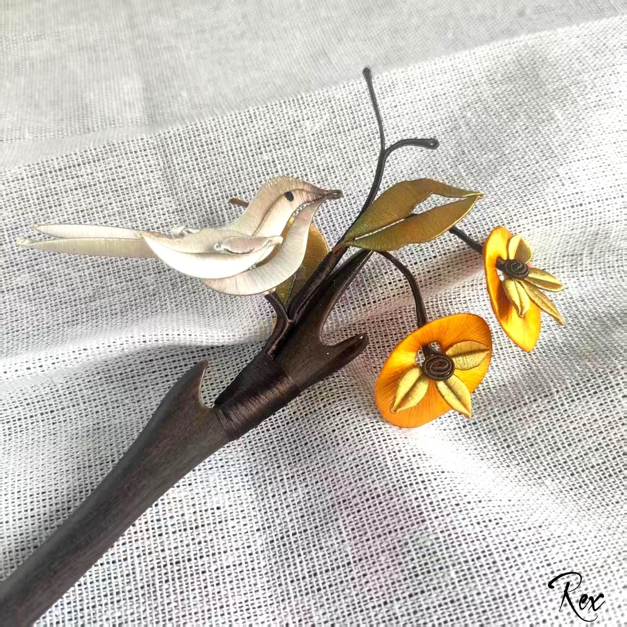Handcrafted Wooden Hair Stick, Satin Bird, Floral Hair Accessory