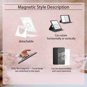 Peut inclure: Un graphique informatif intitul&eacute; Magnetic Style Description montrant un support de tablette blanc, une tablette pivotant horizontalement et verticalement, une main tenant une tablette avec une sangle et un &eacute;tui magn&eacute;tique d&eacute;montable.
