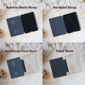 Peut inclure: Quatre variantes d'&eacute;tui pour tablette : un avec dragonne int&eacute;gr&eacute;e, un sans dragonne, un avec dragonne et dos transparent, et un avec dos transparent. Chaque &eacute;tui pr&eacute;sente une couverture gris fonc&eacute; et un cadre rectangulaire pour tablette.
