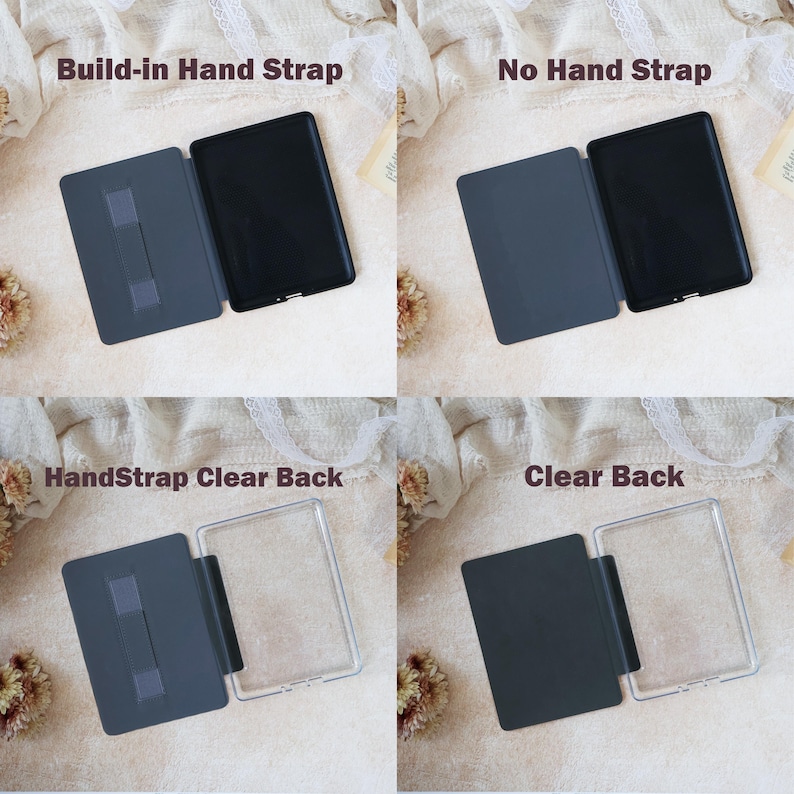 Peut inclure: Quatre variantes d'&eacute;tui pour tablette : un avec dragonne int&eacute;gr&eacute;e, un sans dragonne, un avec dragonne et dos transparent, et un avec dos transparent. Chaque &eacute;tui pr&eacute;sente une couverture gris fonc&eacute; et un cadre rectangulaire pour tablette.