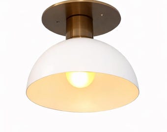Mid Century Modern Brass Flush Mount Ceiling Light | Minimalist White Dome Kitchen Hallway Lighting Fixture | Small Modern Ceiling Lamp