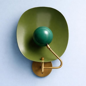 Brass Sconce Green Enamel with Opal Globe: Adjustable Handmade Lighting