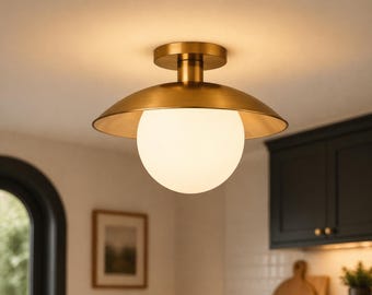 Lámpara de techo empotrada de latón estilo moderno de mediados de siglo / Lámpara de techo vintage de latón / Iluminación moderna con globo