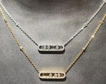 Collana con tripla pietra mobile di diamanti • Ciondolo con barra scorrevole in pietra placcato oro 14K • Gioielli minimalisti con diamanti fluttuanti • Delicato cursore ovale