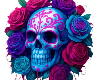 Sugar Skull PNG Day of the Dead Sublimation Design Floral Rose Graphic Blue Pink Gothic Skull Shirt Print File Digital Download Clipart