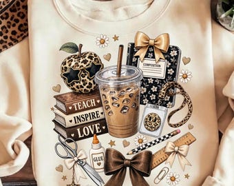 Teacher PNG Back to School Sublimation Design Leopard Apple Iced Coffee Book Stack Teach Inspire Love Coquette Ribbon Shirt Digital File