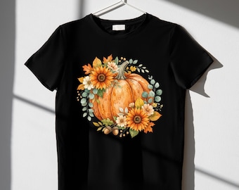 Watercolor Pumpkin PNG Fall Sublimation Design Autumn Sunflower Floral Graphic Thanksgiving Shirt Print File Digital Download Clipart