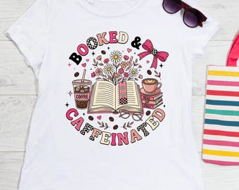 Bookish PNG, Booked and Caffeinated , Retro Book Lover PNG, Coffee and Books Shirt Design, Groovy Reading Sublimation, Coquette Bow