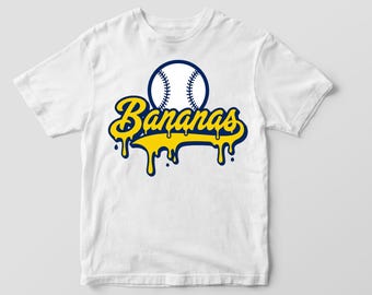 Bananas Baseball PNG Dripping Sports Sublimation Design Cute Yellow Blue Team Graphic Game Day Shirt Print File Digital Download Clip Art
