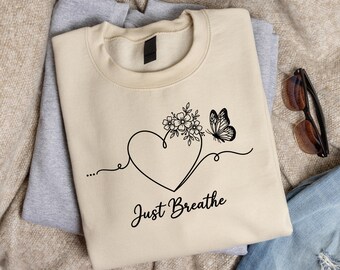 Just Breathe Heart Butterfly Wildflower PNG, Minimalist Self Love Clipart (Digital Download)