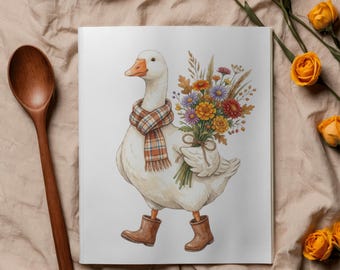 Watercolor Fall Duck PNG Cute Autumn Sublimation Design Plaid Scarf Goose Graphic Thanksgiving Floral Shirt Digital Download Clipart