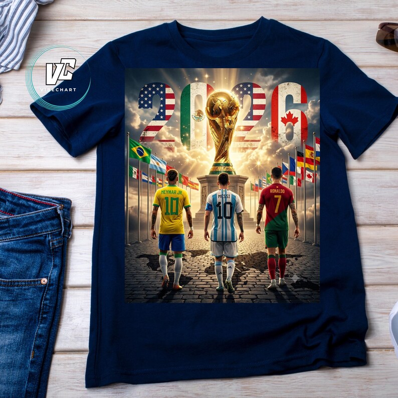 Op de afbeelding: Een marineblauw t-shirt met een afbeelding van drie voetballers voor een gouden trofee en de tekst 2026. De spelers dragen shirts met de nummers 10, 10 en 7, met op de achtergrond de vlaggen van de Verenigde Staten, Mexico en Canada.