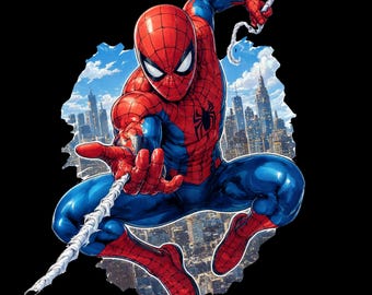 Superhero PNG Spider Sublimation Design Comic Book Action Hero Graphic Red Blue City Skyline Shirt Digital Download File Clipart