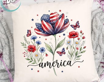 Patriotic Watercolor Flower PNG, 4th of July Floral Design (Digital Download)