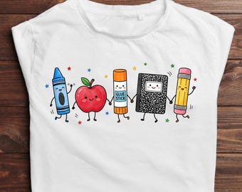 Cute Teacher PNG Back to School Sublimation Design Kawaii School Supplies Crayon Apple Glue Composition Notebook Pencil Shirt Graphic