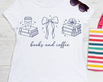 Books and Coffee PNG Coquette Bow Sublimation Design Minimalist Dark Blue Line Art Bookworm Shirt Graphic Reader Digital Download File
