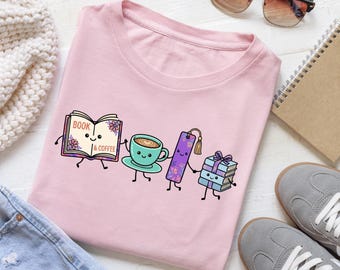 Boek en koffie PNG schattig kawaii bladwijzer sublimatie ontwerp boekenwurm doodle shirt grafische lezer lint stapel digitaal downloadbestand