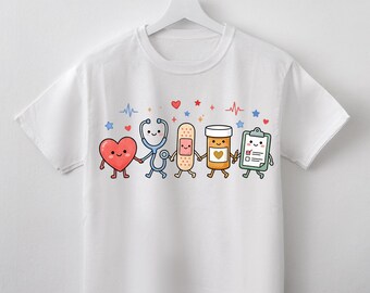 Nurse PNG Cute Kawaii Medical Sublimation Design ER Nurse Clipboard Stethoscope Bandage Pill Bottle Heart Shirt Graphic Digital Download