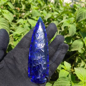 6" Blue Glass Arrowhead | Handcrafted Knapped Spearhead | Primitive Style Display Piece