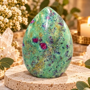 Peut inclure: Une sculpture en pierre polie en forme d'œuf présentant un mélange vibrant de fuchsite verte, d'inclusions de rubis magenta profond et de taches dorées scintillantes sur toute sa surface lisse et arrondie, posée comme spécimen minéral.