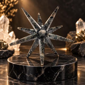 Pode incluir: Uma escultura de estrela com múltiplas pontas feita de pedra cinzenta salpicada com inclusões cristalinas visíveis. A estrela apresenta numerosas pontas afiadas e radiantes, montada sobre uma base circular de mármore preto polido com veios brancos.