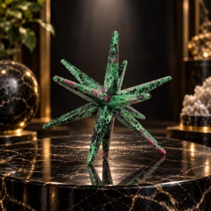 Rubis naturel Zoïsite Étoile Merkaba Cristal à 12 branches 70 mm Pierre précieuse décorative de géométrie sacrée
