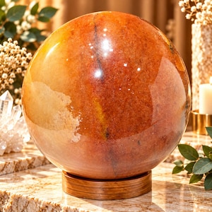 Op de afbeelding: Een gepolijste, bolvormige stenen orb met een warm, gevlekt oranje en amberkleurig palet, natuurlijke donkere aders en doorschijnende plekken. De gladde, glanzende bol rust op een eenvoudige, ronde houten displaystandaard.