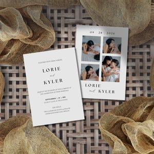 Ensemble d'invitations de mariage photo simple et moderne, suite d'invitations de mariage blanc uni, modèle de carte RSVP modifiable