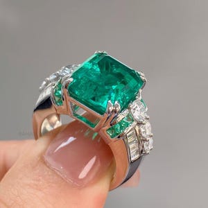 3.5 CT Green Emerald Cut Moissanite Engagement Ring with Vintage Style Cocktail Ring Said Stone Round And Baguette Cut Ring Gift For Wife