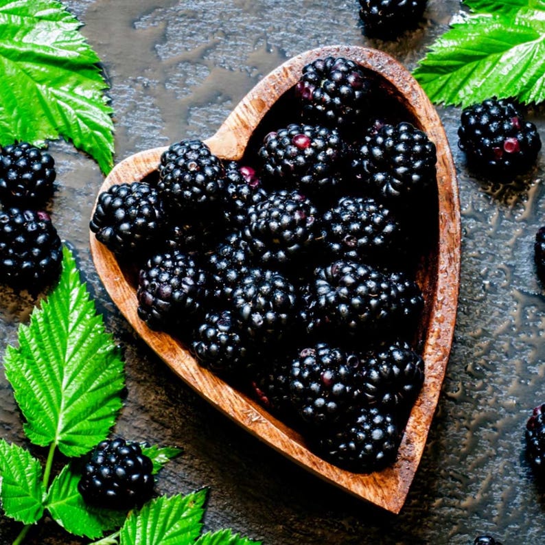 May include: A heart-shaped wooden bowl filled with fresh, ripe blackberries. The dark, juicy berries are surrounded by green leaves, creating a natural and appealing arrangement. The berries are a deep, rich black color.