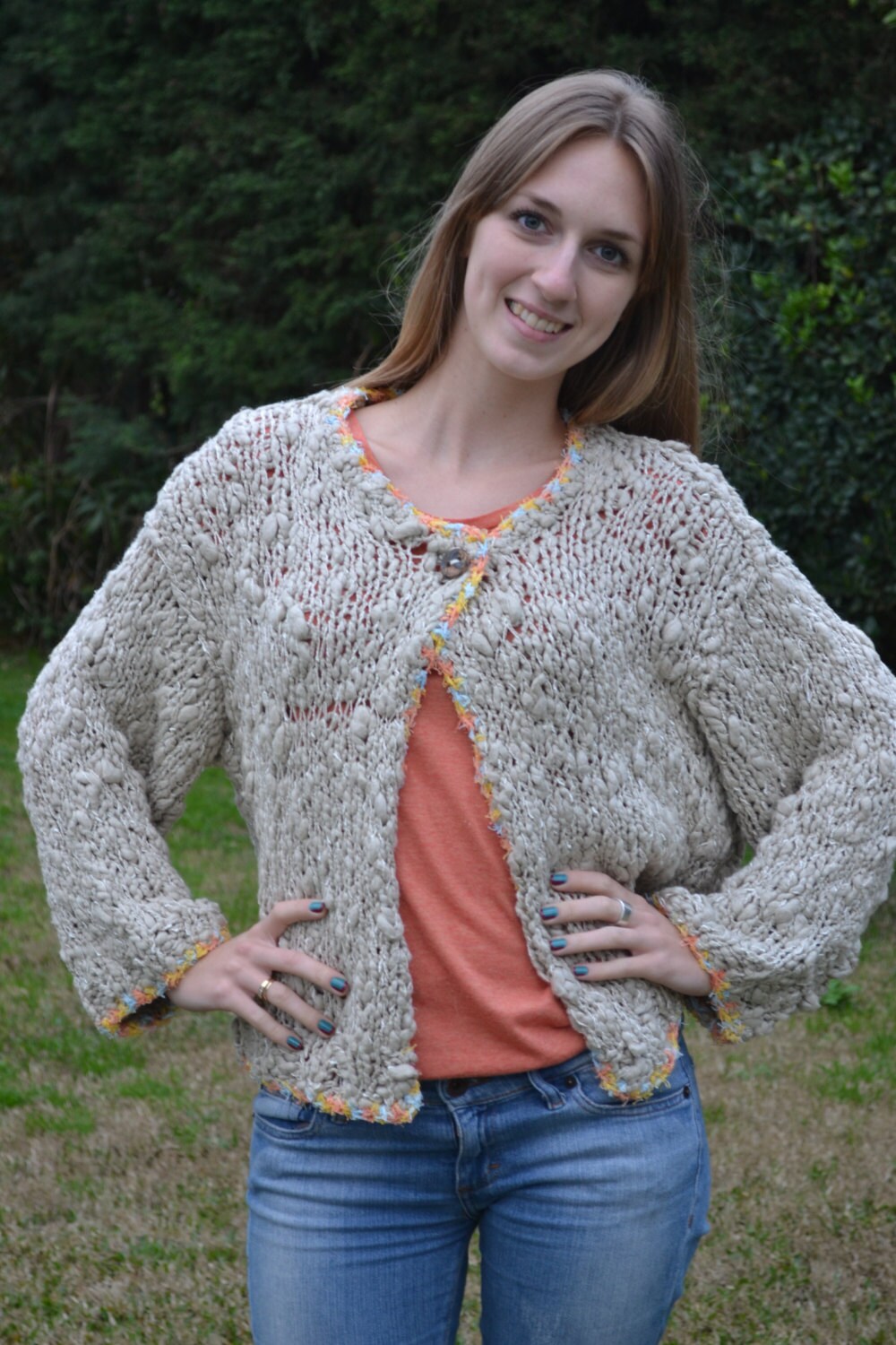 Hand knit sweater / coat crochet ivory cotton long sleeves | Etsy