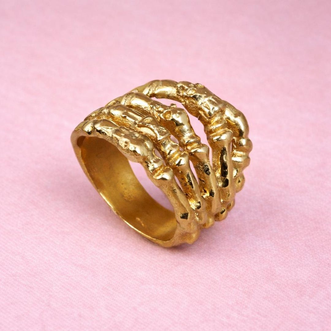 Skeleton Hand Ringing Bell Gold Skeleton Hand Ring, Gothic Skull Hand Ring, Adjustable Bone Finger ...