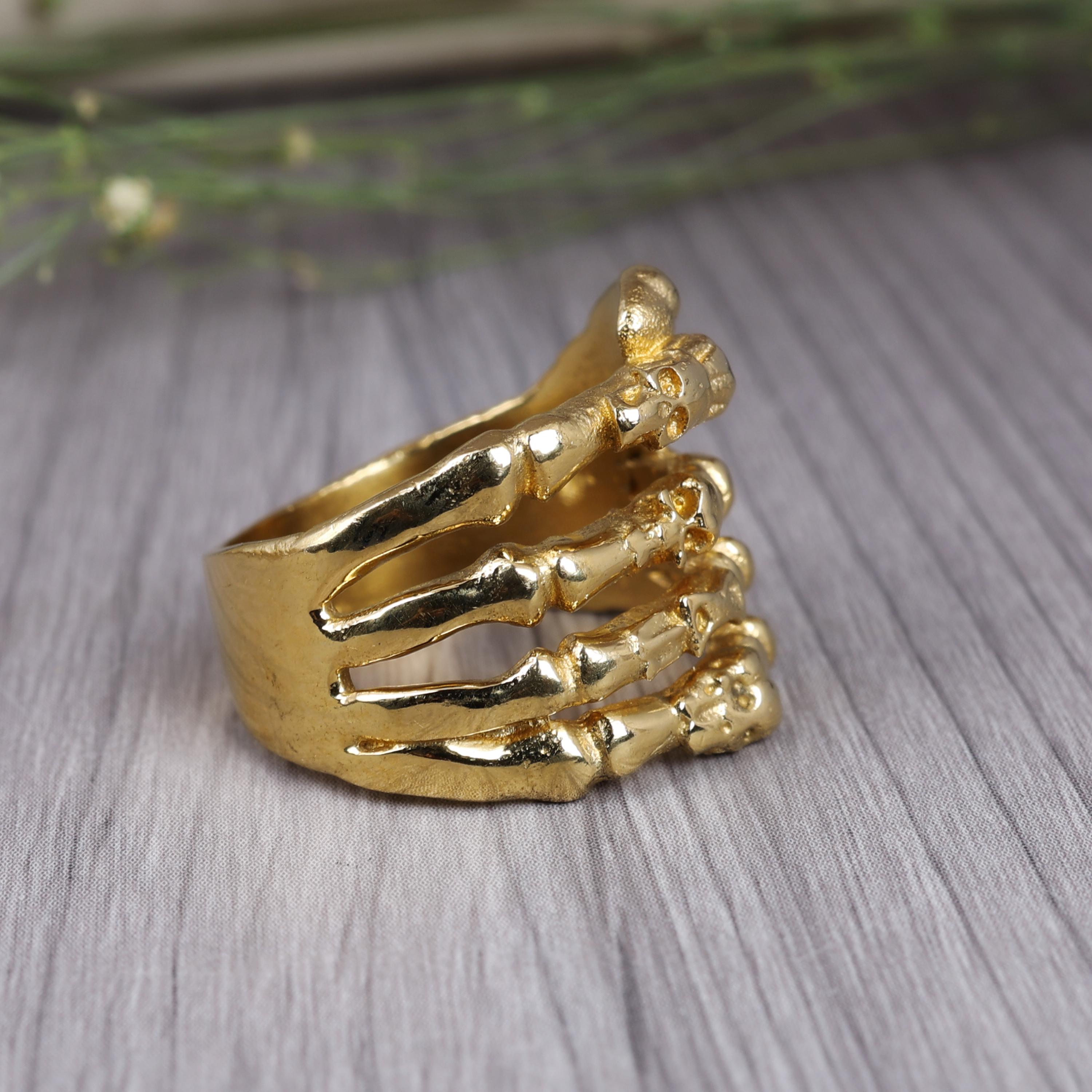 Skeleton Hand Ringing Bell Gold Skeleton Hand Ring, Gothic Skull Hand Ring, Adjustable Bone Finger ...