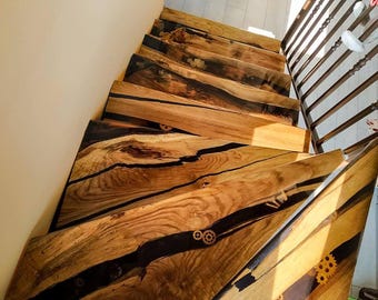 Handmade Wood and Epoxy Resin Stair Treads, Non-Slip Luxury Interior Steps, Wooden stairs