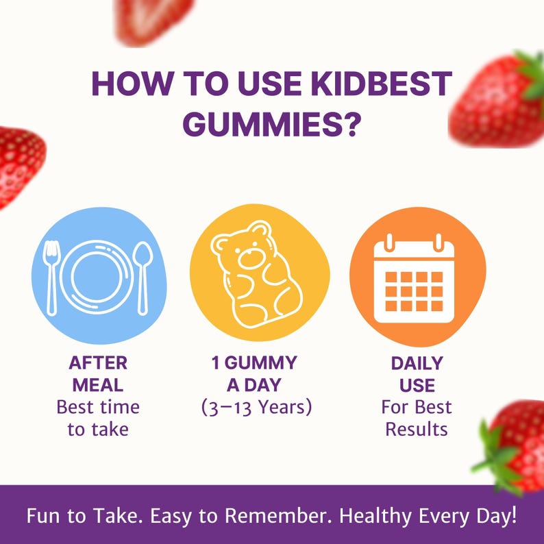 Puede incluir: Una infograf&iacute;a con el texto "HOW TO USE KIDBEST GUMMIES?" muestra c&oacute;mo usar el producto. Incluye iconos para despu&eacute;s de la comida, una gomita al d&iacute;a y uso diario. El texto "Fun to Take. Easy to Remember. Healthy Every Day!" est&aacute; en la parte inferior.