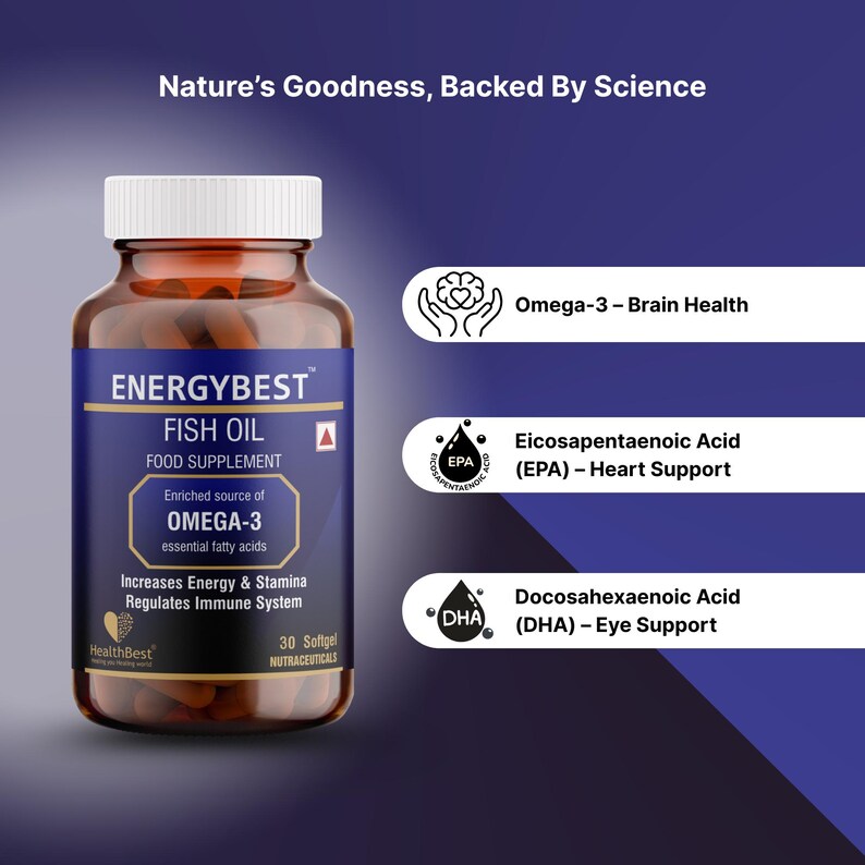 May include: A brown bottle of Energybest Fish Oil supplements. The label highlights Omega-3, EPA, and DHA benefits for brain, heart, and eye health. The bottle contains 30 softgel nutraceuticals. The text reads "Nature's Goodness, Backed By Science."