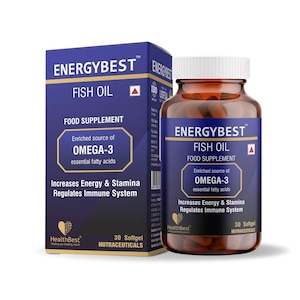 May include: A product shot of EnergyBest Fish Oil supplements. The image shows a dark blue box and a clear bottle filled with softgel capsules. The box and bottle feature the brand name, product type, and health benefit information.