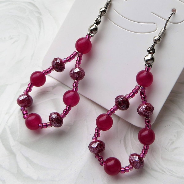 ROSE JADE- Long Dangle Beaded Earrings- Czech Crystal Beads and Rose Jade Gemstones- Stainless Steel French Hook Ear Wires