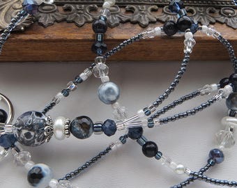 MIDNIGHT OCEAN- Beaded Lanyard ID Badge Holder- Galaxy Star Sandstone and Egyptian Lapis Lazuli Gemstones (Necklace Clap or Magnetic Clasp)