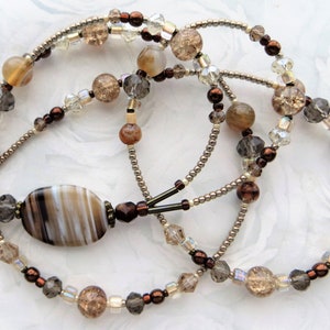 CAPPUCCINO- Beaded ID Lanyard, Id Badge Holder, Necklace Lanyard, Office Lanyard, Agate Gemstones (Necklace/Magnetic Clasp/Comfort Created)