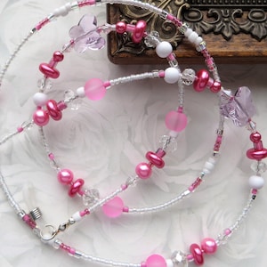 PINK BUTTERFLIES- Pink and White Beaded Butterfly Eyeglass Lanyard, Eyeglass Chain, Sunglasses Jewelry, Pink Reading Glasses
