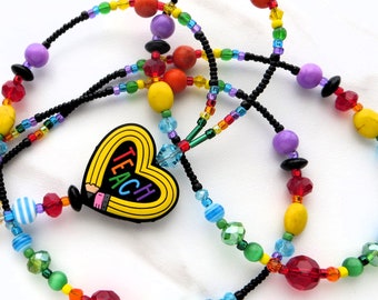 A TEACHER'S HEART- Beaded Id Lanyard, ID Badge Holder- Teacher Necklace Lanyard, Office Lanyard (Magnetic/Necklace Clasp/No Clasp)