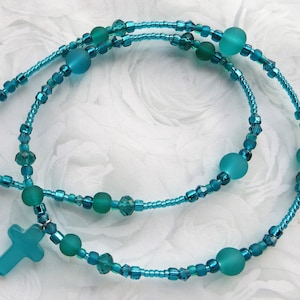 AQUAMARINE CROSS- Handmade Beaded Necklace- Gift for Her, Girl Gift, Women&#39;s Necklace, Cross Jewelry, Christian Jewelry, Magnetic Clasp