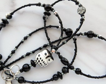 CRYSTAL BLACK OWL- Beaded Id Lanyard and Badge Holder- Teacher Lanyard, Necklace Office Lanyard (Breakaway Magnetic Clasp or Necklace Clasp)