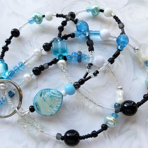 TROPICAL NIGHT- Beaded ID Lanyard, Id Badge Holder- Mother of Pearl, and Sparkling Crystals- One of a Kind (Necklace/Magnetic Clasp)