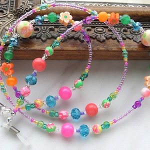 BOLD TROPICAL FLOWERS- Beaded Multicolored Eyeglass Lanyard, Eyeglass Chain, Sunglasses Jewelry, Women&#39;s Glasses- Polymer Clay Beads