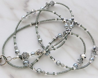 SILVER SPARKLE- Beaded ID Lanyard Badge Holder- Teacher Lanyard, Office Lanyard (Magnetic Safety Clasp, Necklace Clasp or No Clasp)