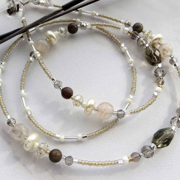 Beaded Eyeglass Necklace, Neutral Eyeglass Chain, Mask Lanyard, Sunglasses Jewelry- Taupe, Beige, & Cream Pearls/Crystals/Agate