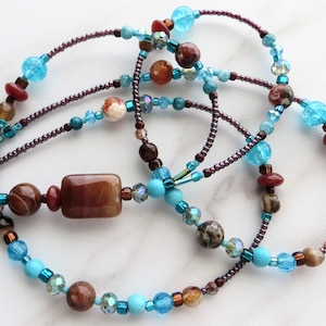 AGATE SKY- Beaded ID Lanyard Badge Holder- Turquoise and Brown- Teacher, Office, Necklace Lanyard (Magnetic, Necklace Clasp, No Clasp)